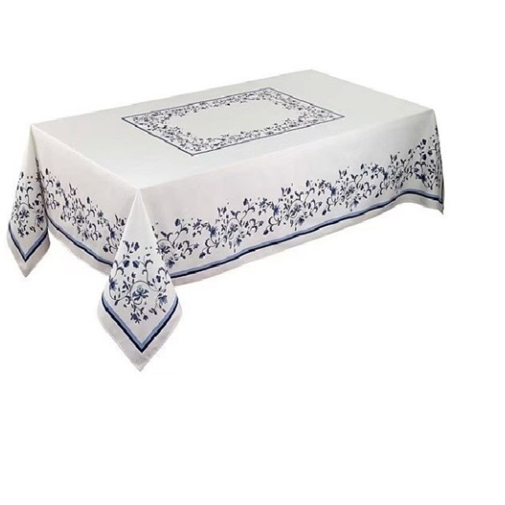 Spode Blue Italian Floral Border TableclothWhite Blue Polyester Rectangle 102x60